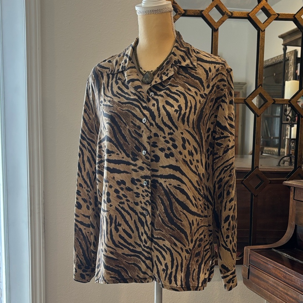Silk Animal Print Button-Up Blouse